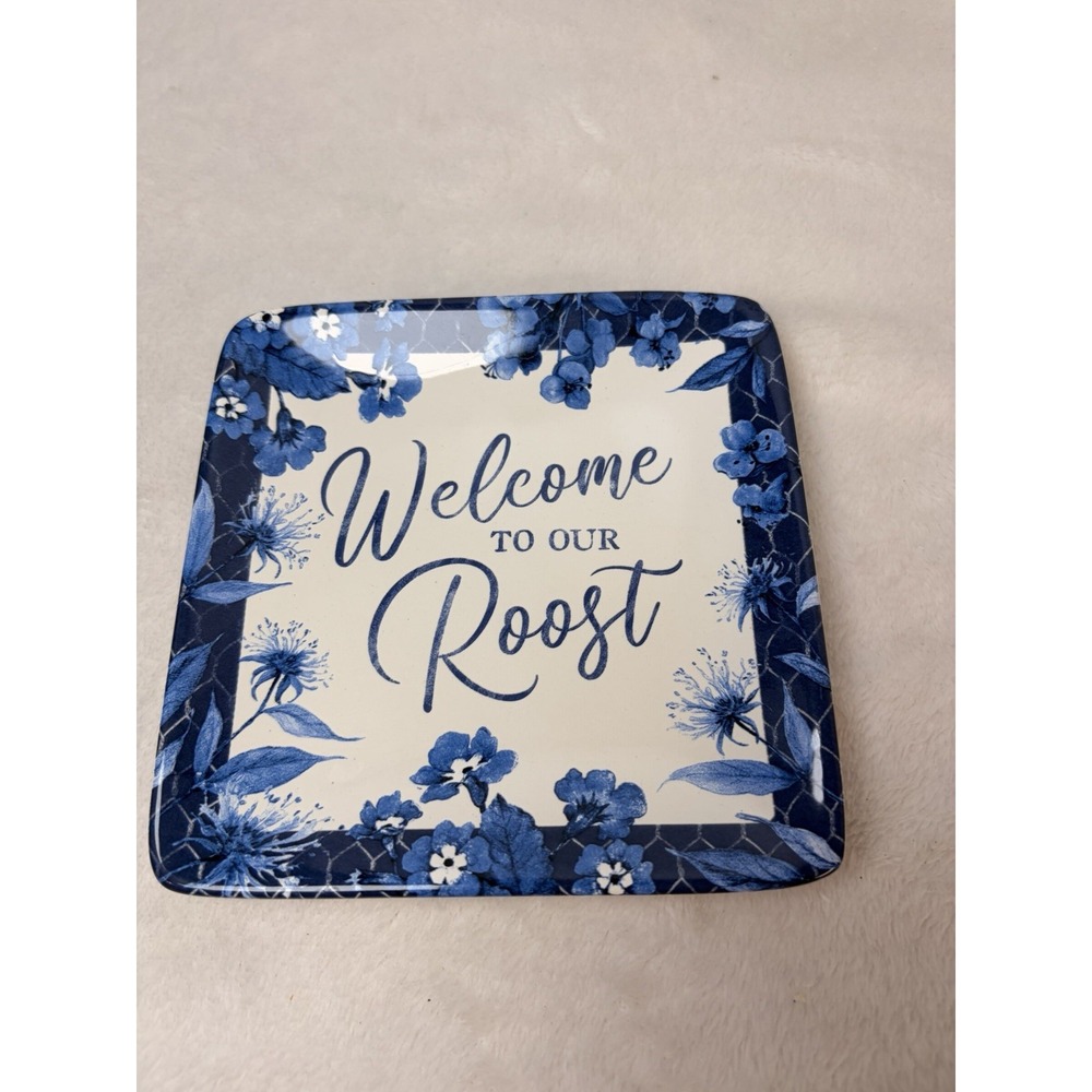 Certified International Indigo Rooster 6" Welcome to Our Roost Susan Winget EUC